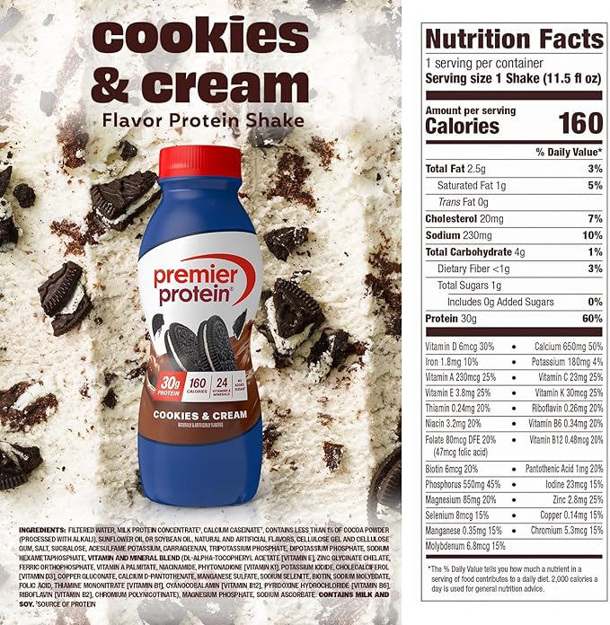 Premier Protein Shake, Cookies & Cream, 30g Protein, No Added Sugar, 24 Vitamins & Minerals to Support Immune Health, 11.5 fl oz, 12 Pack