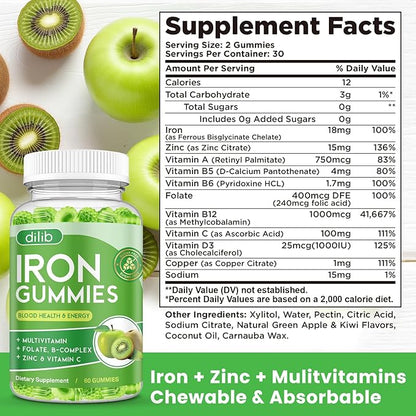 Iron Gummies with Multivitamin, Iron Supplement for Women & Men with Zinc, Vitamin B Complex & C, B12, Folate - Blood Builder & Energy Support for Adults & Kids - Green Apple & Kiwi Filled Gummies