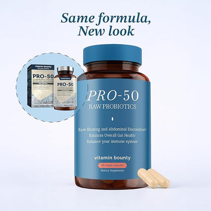 Vitamin Bounty Pro-50 Probiotics 50 Billion CFU for Women & Men - 13 Multi Strain Probiotic + Prebiotic - Digestive Health Supplements for Gut Health Support - Delayed Release Capsules for Men & Women