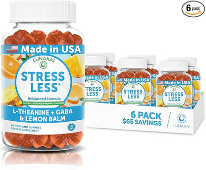 Lunakai USA Made Calm & Stress Relief Gummies – Delicious GABA + L-Theanine Calming Supplement for Adults & Kids – Natural Stress Support - 6 Pack