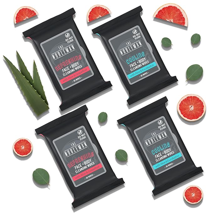 The Nobleman Cooling Face + Body Cleansing Wipes (120 Wipes) - 2 Packs Aloe & Eucalyptus + 2 Packs of Aloe & Grapefruit – Refreshing, Soothing, Non-Greasy, Skin Revitalizer