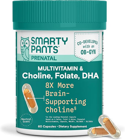 SmartyPants Women’s Prenatal Multivitamin Capsules, OB‑GYN Co‑Developed Prenatal Vitamins with Choline, Folate, Omega 3 DHA, & Iron for Baby’s Development, Gentle on Stomach, 60 Count (30 Day Supply)