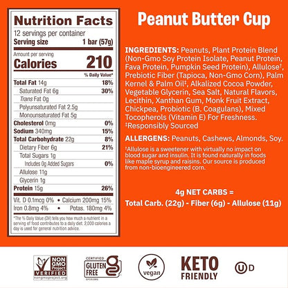 Munk Pack Peanut Butter Cup Probiotic Keto Protein Bars | 15g Plant Protein, 1g Sugar, 4g Net Carbs | Non-GMO, Plant-Based, Low Sugar, Gluten-Free Snacks | 12 Count
