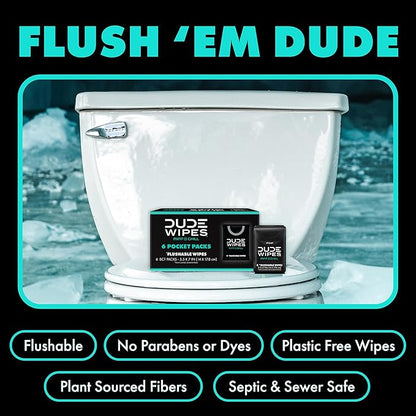 DUDE Wipes Mint Chill Pocket Packs - Travel Wipes - 6 Packs of 8 (48 Count) - On-The-Go Adult Flushable Wipes - Infused with Tea Tree Oil, Vitamin E, and Aloe - Septic and Sewer Safe