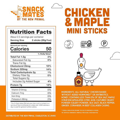 The New Primal Snack Mates Chicken & Maple Sticks, Gluten Free Healthy Snacks for Kids, Low Sugar High Protein Back to School Snacks, Mini Paleo Jerky Meat Stick, 7g Protein, 50 Calories, 40 Pack