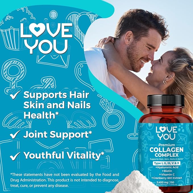 Love You Collagen Complex – Types I, II, III, V & X – Hair, Skin, Nails, Joints & Gut Support – Hydrolyzed Bovine Collagen Peptides – Grass-Fed, Non-GMO, 120 Capsules, USA Made