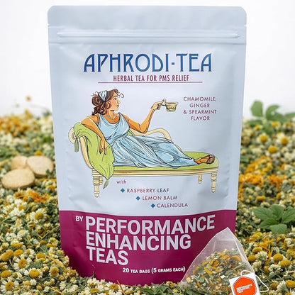 PMS Relief Herbal Tea | X-Large 5g Tea Bags | with Raspberry Leaf, Calendula and Lemon Balm | Chamomile, Ginger and Spearmint Flavor | 20 Pack Bag | Aphrodi-Tea by Performance Enhancing Teas