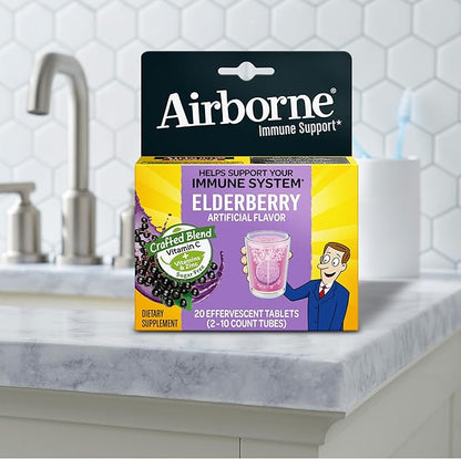 Airborne Elderberry Extract + Vitamin C 1000mg (per Serving) - Effervescent Tablets (20 Count in a Box), Gluten-Free Immune Support Supplement, with Vitamins A C E, Zinc, Selenium, Sugar Free