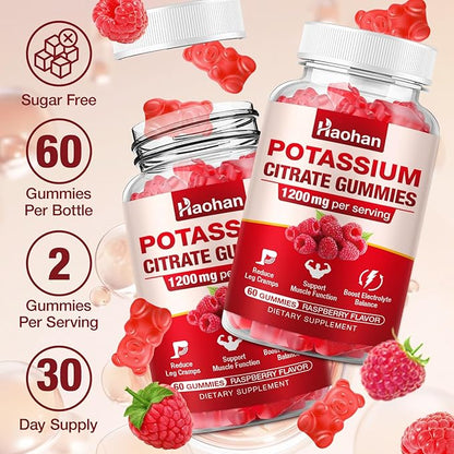 Potassium Citrate 1200mg Gummies - Chewable Supplement to Support Muscle Health & Relieve Leg Cramps for Men & Women. Vegan, Gluten-Free, Sugar-Free, Raspberry Flavor, 120 Count