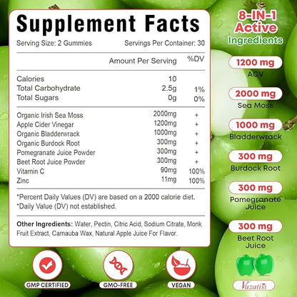 2 Pack Apple Cider Vinegar Gummies, ACV with Sea Moss Gummies for Metabolism, Digestion, Detox, Gut & Immune Health, Apple Flavored -120 Count