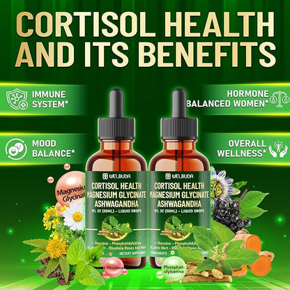 11in1 Cortisol Liquid Supplement with Ashwagandha, Magnesium Glycinate Chelate, L-Theanine, Phosphatidylserine, St.John's WortL-Theanine and More - Immune & Mood Balance - 1 FL Oz - 30 Day