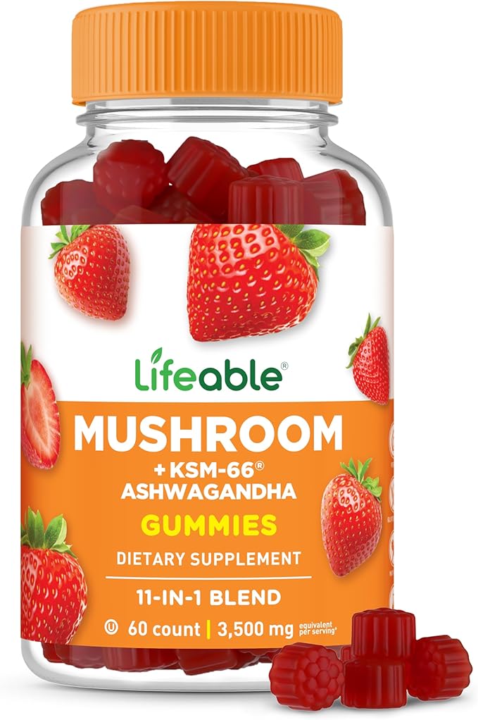 Lifeable Mushroom Gummies for Adults | 10 Mushroom Complex Blend with Ashwagandha KSM-66 | Vegan Kosher Non-GMO Mushroom Supplement Extract | Great Tasting Focus & Energy Support | 60 Gummies