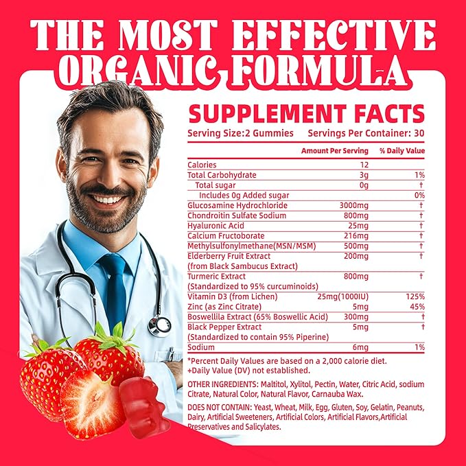 Glucosamine Chondroitin Gummies with MSM & Elderberry Extra Strength - Joint Support, Antioxidant Immune Support Supplement for Adults, Men & Women.120 Strawberry Gummies