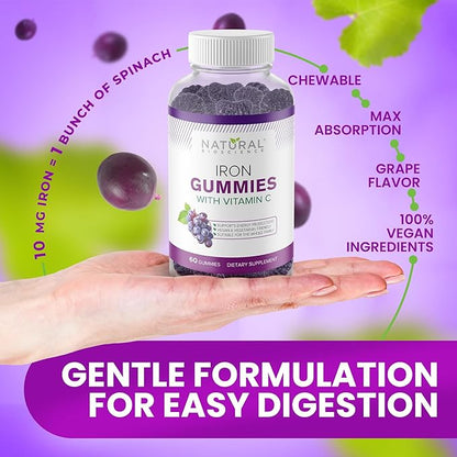 Iron Gummies with Vitamin C - Chewable Iron Supplement for Adults & Kids, Iron Deficiency Anemia, Red Blood Cell Support, Energy, Immune Function, Brain Health, Max Absorption, 60 Vegan Gummies