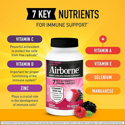 Airborne Vitamin C 1000mg (per Serving) - Very Berry Chewable Tablets (116 Count in a Bottle), Gluten-Free Immune Support Supplement, with Vitamins A C E, Zinc, Selenium, Ginger, Antioxidants