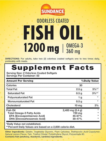 Sundance Odorless Fish Oil 1200mg | 100 Coated Softgels | Controls Fish Burps | Lemon Flavor | Non-GMO and Gluten Free Supplement