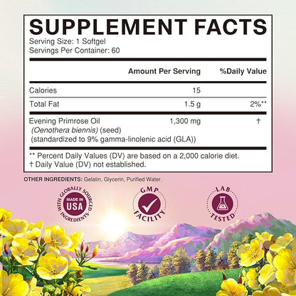 Vitalitown Evening Primrose Oil 1300mg, Cold-Pressed Seed Oil, Standardized 9% GLA (Gamma-Linolenic Acid), Healthy Skin & Hormonal Balance for Women, Non GMO, 60 Softgels