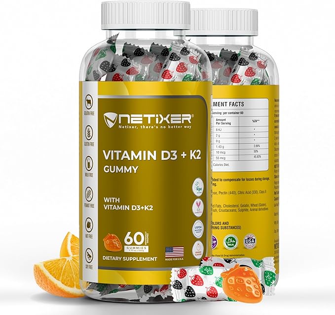 Vitamin D3 K2 Gummies for Adults – 60 Vegan Orange Gummies | 400 IU (10 mcg) D3 + 55 mcg Vitamin K2 MK-7 | Individually Wrapped, Gelatin-Free, Gluten-Free, Non-GMO | Halal Certified
