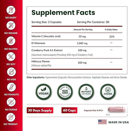 ForestLeaf D Mannose 1000mg Capsules - D-Mannose with Cranberry, Hibiscus & VIT C, Urinary Tract Health for Women and Men, Organic DMannose Pills for UTI, Urinary Health & Bladder Support 60 Capsules