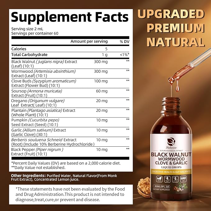 Lukaree Wormwood Black Walnut Clove Cleanse for Humans Tincture – Rapid Gut Detox & Digestive Health with Garlic Pumpkin Seeds Soursop Oregano, 10:1 Ultra-Concentrated Liposomal Tech 98% Absorption