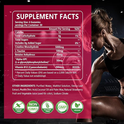 120Count Creatine Monohydrate Gummies 5g, Energy Creatine Supplements Gummies for Gym Essentials-Strawberry