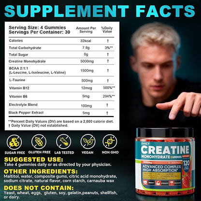 99.99% Creatine Monohydrate Gummies for Men Women 5g, 7-in-1 Pre-Workout Complex with BCAA, Taurine, B12/6 & Electrolytes, 6X Boost Energy, Muscle Strength & Recovery, Brain Focus, Vegan, Sugar Free