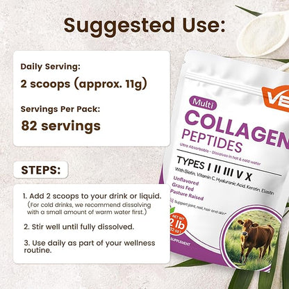 VEV Multi Collagen Peptides Powder with Types I, II, III, V, X, 32 oz (82 Servings) - Skin, Joint & Hair Support - Hydrolyzed Collagen Powder for Women, Biotin, Vitamin C, Unflavored, Dissolves Easily