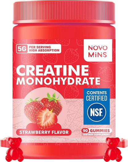Novomins Creatine Monohydrate Gummies 5000mg for Men & Women, Chewables Creatine Monohydrate for Muscle Strength, Muscle Builder, Energy Boost, Pre-Workout Supplement(90 Count)-Strawberry Flavor