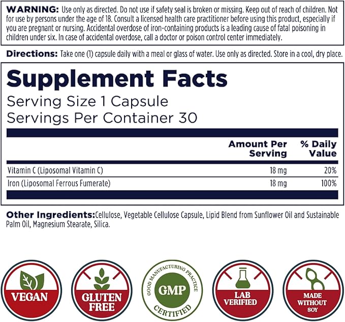 KAL Liposomal Iron Supplement with Liposomal Vitamin C, Iron Supplement for Women and Men, High Absorption, Gentle Iron Pills, Vegan, Gluten Free, 30 Servings, 30 VegCaps