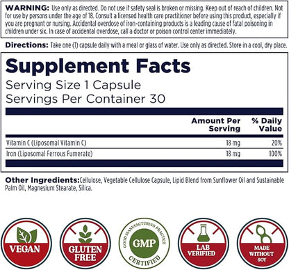 KAL Liposomal Iron Supplement with Liposomal Vitamin C, Iron Supplement for Women and Men, High Absorption, Gentle Iron Pills, Vegan, Gluten Free, 30 Servings, 30 VegCaps