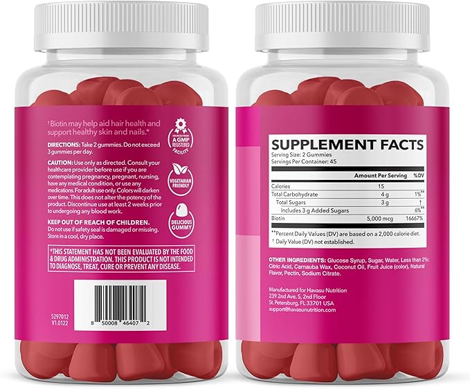 5000mcg Biotin Gummies for Hair, Skin and Nails - Vegan Supplement for Women and Men - GLP-1 Nutritional Support to Promote Lucious Locks and Radiant Skin - Vitamin B7 - Strawberry Flavor, 90 Count