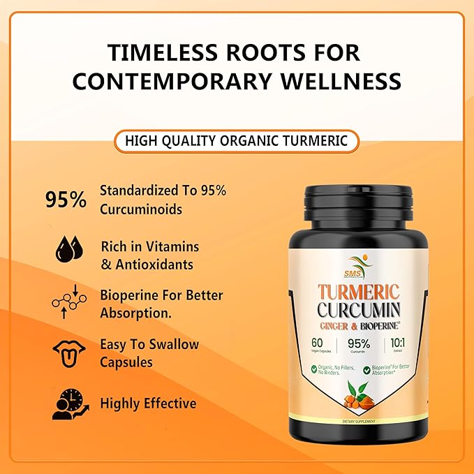 Turmeric Curcumin with Ginger, BioPerine Black Pepper, 95% Curcuminoids, Natural Joint & Healthly Inflammatory Support, Antioxidant Tumeric Supplement, 60 Veggie Capsules, Made in USA, by SMS