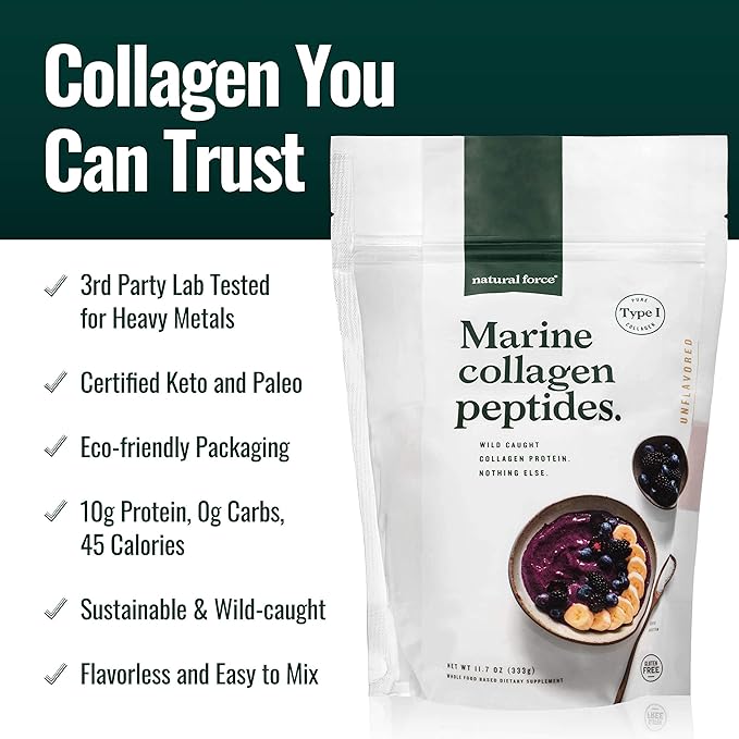 Natural Force Clean Marine Collagen Powder – Tested for Toxins – Certified Keto & Paleo – Hydrolyzed Pure Type I Protein for Anti Aging, Skin, Hair, and Nails – Wild Caught + Non-GMO, 11.7 Ounce