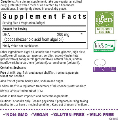 Bluebonnet Nutrition Ladies' One Prenatal DHA, Daily Nutrition for Prenatal Health*, Non-GMO, Vegan, Gluten-Free, 30 Vegetarian Softgels, 30 Servings