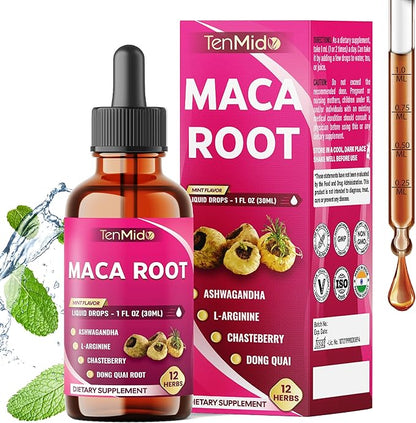 12in1 Maca Root Liquid Drops with Ashwagandha, L-Arginine, Chasteberry, Dong Quai, Black Cohosh, Shatavari, Red Raspberry, Rhodiola Rosea, Calendula and More - 30ml 1 Fl Oz