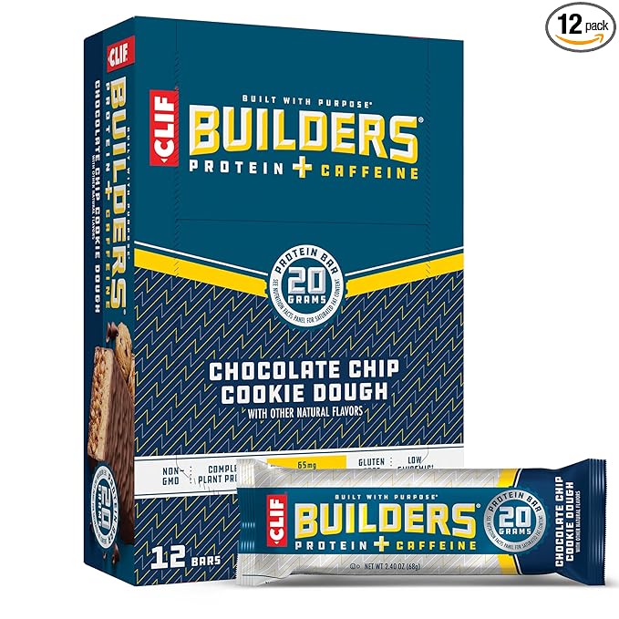 CLIF BUILDERS + Caffeine Protein Bars - Chocolate Chip Cookie Dough Flavor - 20g Plant Based Protein - Gluten Free - Non-GMO - Low Glycemic - No Artificial Sweeteners - 2.4 oz. (12 Pack)
