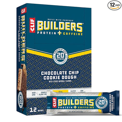 CLIF BUILDERS + Caffeine Protein Bars - Chocolate Chip Cookie Dough Flavor - 20g Plant Based Protein - Gluten Free - Non-GMO - Low Glycemic - No Artificial Sweeteners - 2.4 oz. (12 Pack)