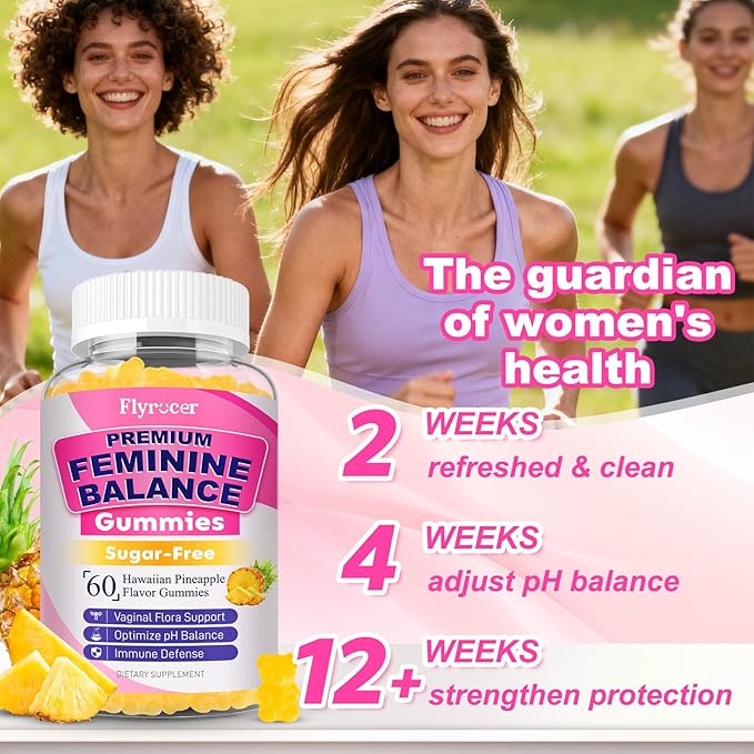 Feminine Balance Gummies for Women - PH Balance Gummies Support Vaginal Flora, Gut Health & Immune System, Vegan, Gluten-Free, Tropical Pineapple Flavor (60 Count)