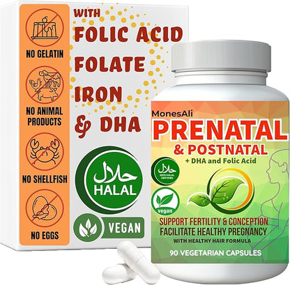 Prenatal Vitamins for Women | Postnatal | Vegan, Halal Gelatin Free | with Folate, Iron & Biotin | Supports Pregnancy, Postpartum Energy & Hair Health, 90 Capsules