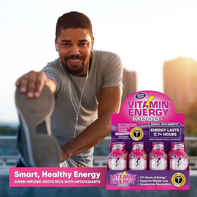 Vitamin Energy Mood+ Extra Strength Energy Shot Tropical Berry 4 Pack, 260mg Natural Caffeine, B-Vitamins, Rhodiola, Chamomile, Mood & Energy Support, Zero Sugar, Gluten-Free, Vegan, 1.93 fl oz