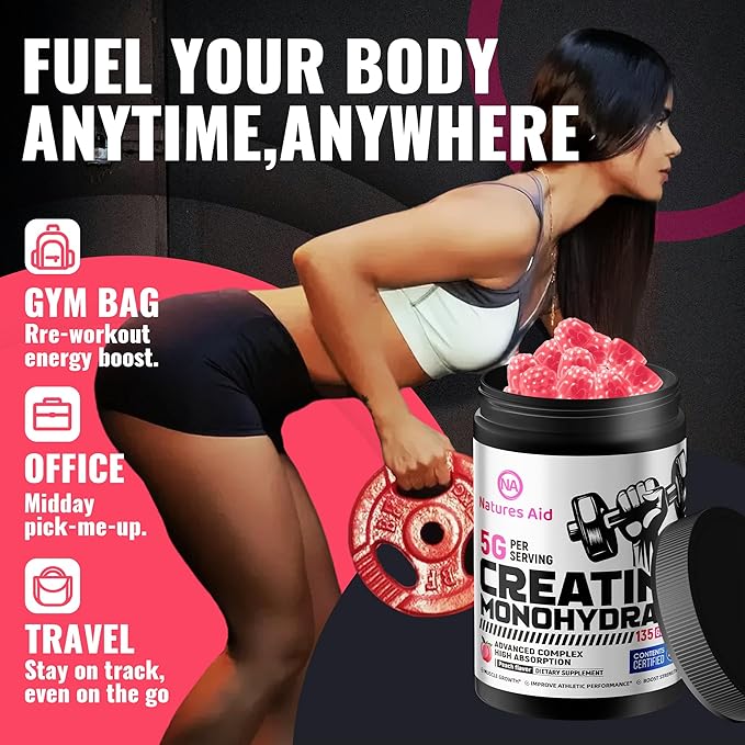 Natures Aid NSF Certified Creatine Gummy 5g - Creatine Monohydrate Gummies – Pre-Workout Energy & Muscle Growth Support for Men & Women | Peach Electrolyte Gummies (135 Count)