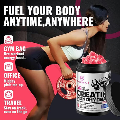 Natures Aid NSF Certified Creatine Gummy 5g - Creatine Monohydrate Gummies – Pre-Workout Energy & Muscle Growth Support for Men & Women | Peach Electrolyte Gummies (135 Count)