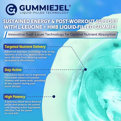 Hmb and L-Leucine Gummies, Pre Work Essential Amino Acids EAA Supplements for Men & Women, w/Branched-Chain Amino (BCAA) & 4 Hydration Electrolytes, Taurine, B12 & D3 for Fast Workout Recovery, 60Cts