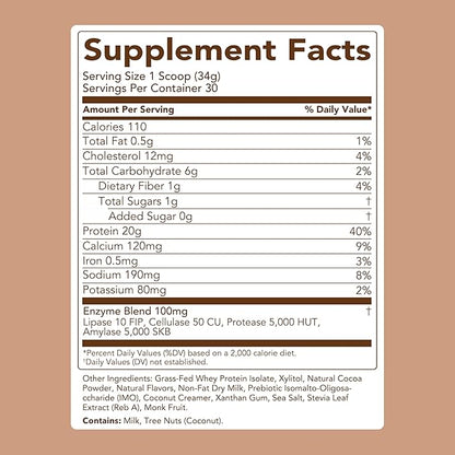 Clean Simple Eats Whey Protein Powder, Chocolate Brownie Batter Flavor Naturally Sweetened, 100% Grass Fed Protein Powder with Digestive Enzymes & No Artificial Ingredients, Gluten Free, 30 Servings