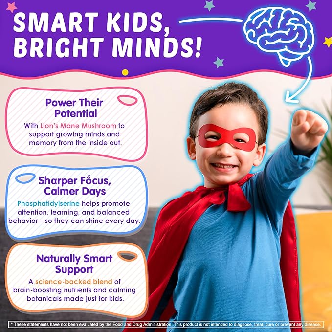 Kids Brain Gummies with Lion's Mane Mushroom, Methyl B6, B9, B12, Super Greens, Lutein, Brain Booster Supplement for Focus & Attention, Cognitive Function, Vision & Energy, Sugar Free, Vegan 60 Count