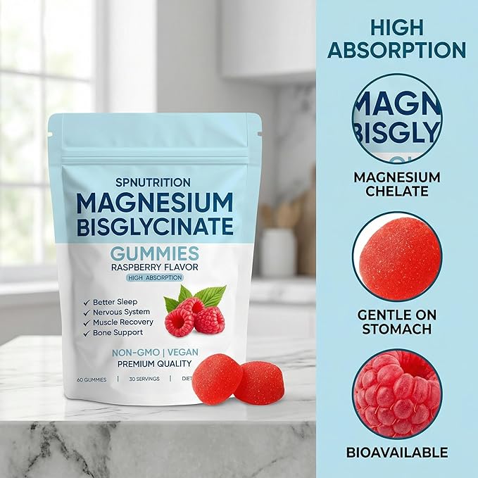 Magnesium Bisglycinate Gummies, 400mg Magnesium Bisglycinate Chelate with Sea Salt & Raspberry Powder, Vegan, 60 Gummies (2)