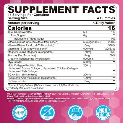 Creatine for Women Gummies, Micronized Creatine Monohydrate + Myo-Inositol, Collagen Peptides, BCAAs, Hyaluronic Acid, Vitamin B6 B12, Zinc for Enërgy, Föcus, Hörmonal Balance, Sugar Free, 120 Counts