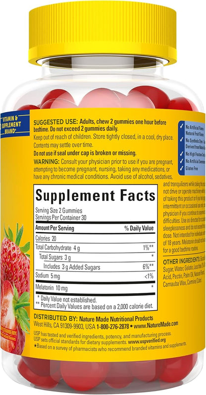 Nature Made Melatonin 10mg per serving Gummies, Maximum Strength Dosage, 100% Drug Free Sleep Aid for Adults, 60 Melatonin Gummies, 30 Day Supply