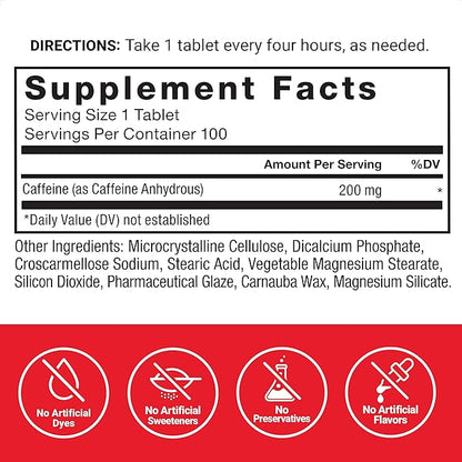 Force Factor Caffeine Pills 200mg, Boost Energy, Focus, Strength, and Performance, Premium Quality Tablets, Energy Support Supplement, 100 Tablets