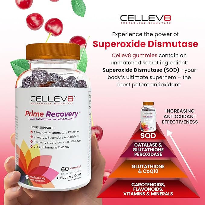Cellev8 Prime Recovery Joint & Muscle Recovery Gummies - 60 Count - Antioxidant Cellular Health, Daily Energy, Wellness, Supplements with SOD, Tart Cherry - NSF Sport Formula, Raspberry Flavor